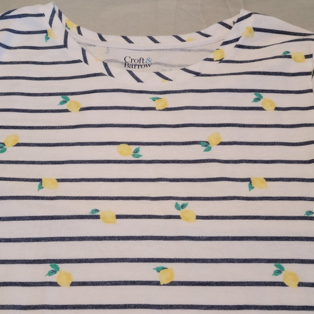 Croft & Barrow Lemon Stripe Top Womens Large White Navy Blue Fruit NWT Grandma